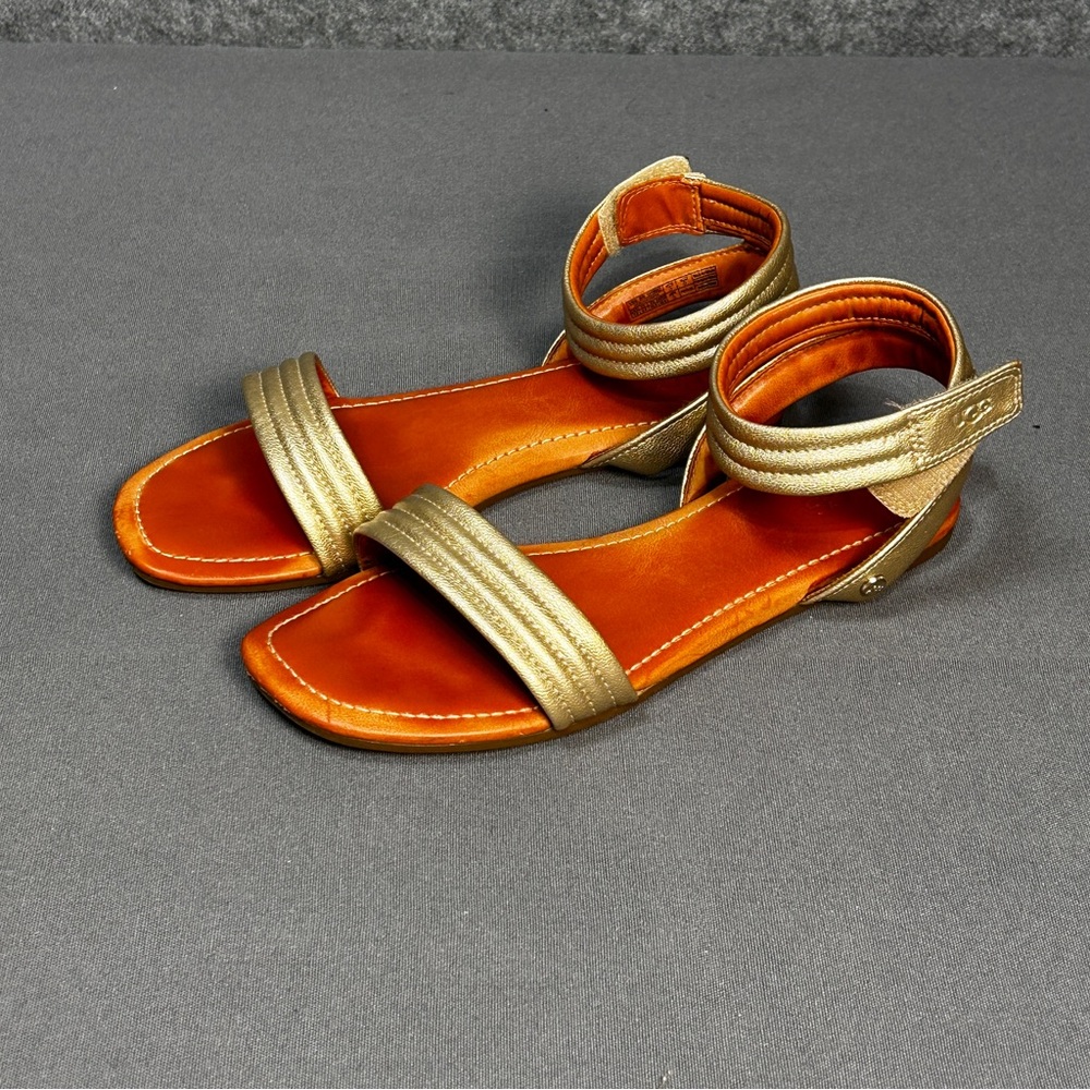 UGG Ethena Gold Leather Ankle Strap Women's 7.5 Flat Sandals Gladiator Casual